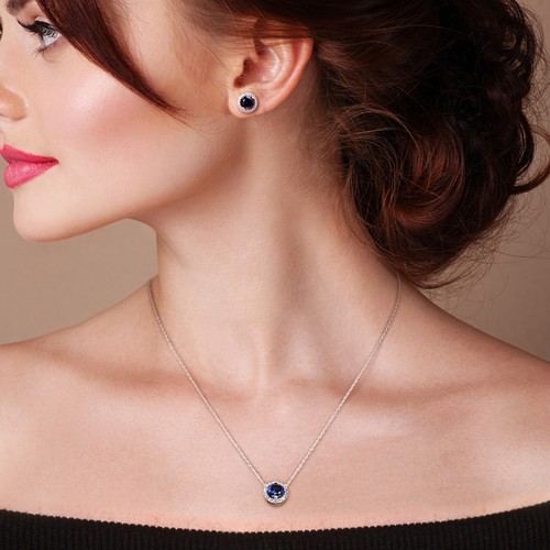 Amour Silver Created Blue & White Sapphire Halo Earrings, Pendant & Chain Set - Picture 5 of 6
