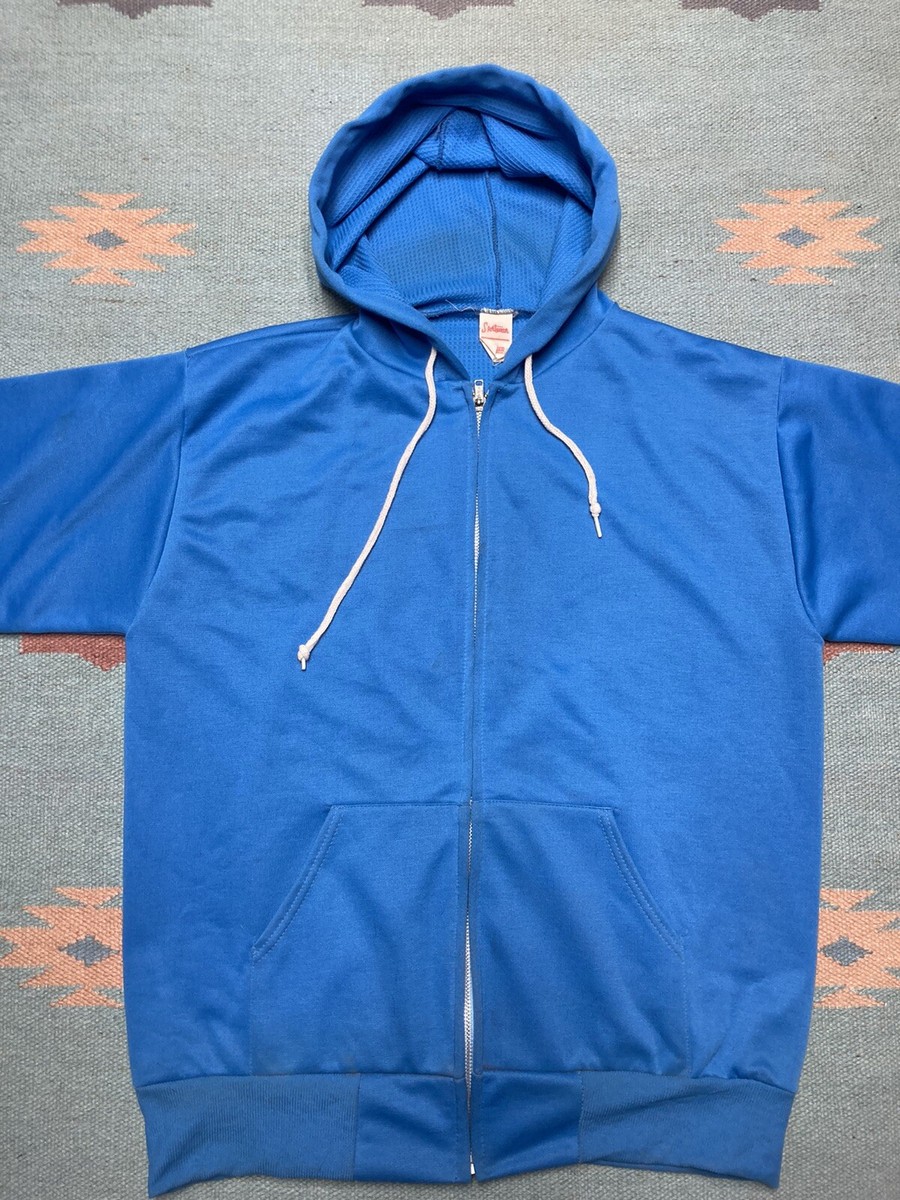 Vintage sportswear brand waffle knit hoodie thermal zip light blue