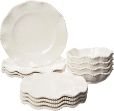 Perlette Cream Beaded 12-Piece Dinnerware Set – Includes 4 Dinner Plates, 4 Sala