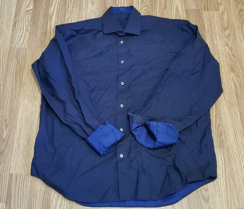 Bugatchi Uomo Mens Blue Black SOlid Dress Button Shirt Sz Large L - Picture 2 of 9