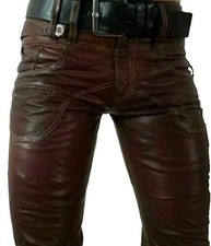 Mens Leather Jeans Pants Trouser 5 Pockets Cowhide Brown Breeches BLUF Levis 501