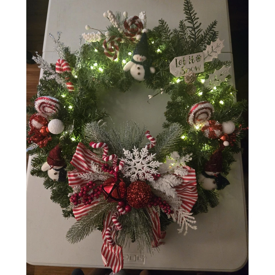 Christmas Wreath Snowman Candy Cane Snowflake Berry Holiday Decor Lighted - Image 2 of 4