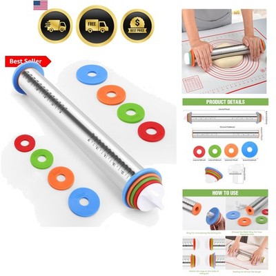Stainless Steel Rolling Pin Adjustable Thickness Rings Baking Supplies Cookie...