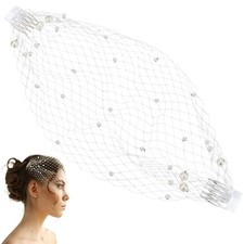 White Pearl Birdcage Veil Mesh Wedding Headpiece 14.8x7.5 Inches Veil