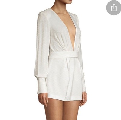 Alexis White Long Sleeve V-Neck Romper S Polyester Viscose Button Ruched