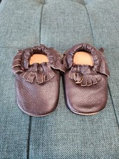 Genuine Leather Baby Moccasins   Brown with Fringe - 6-12 Months Rubber sole