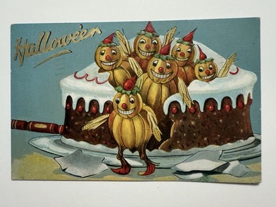 ADORABLE HALLOWEEN  Postcard-THE SWEET LITTLE VEGGIES PEOPLE JUMPING OUT OF CAKE