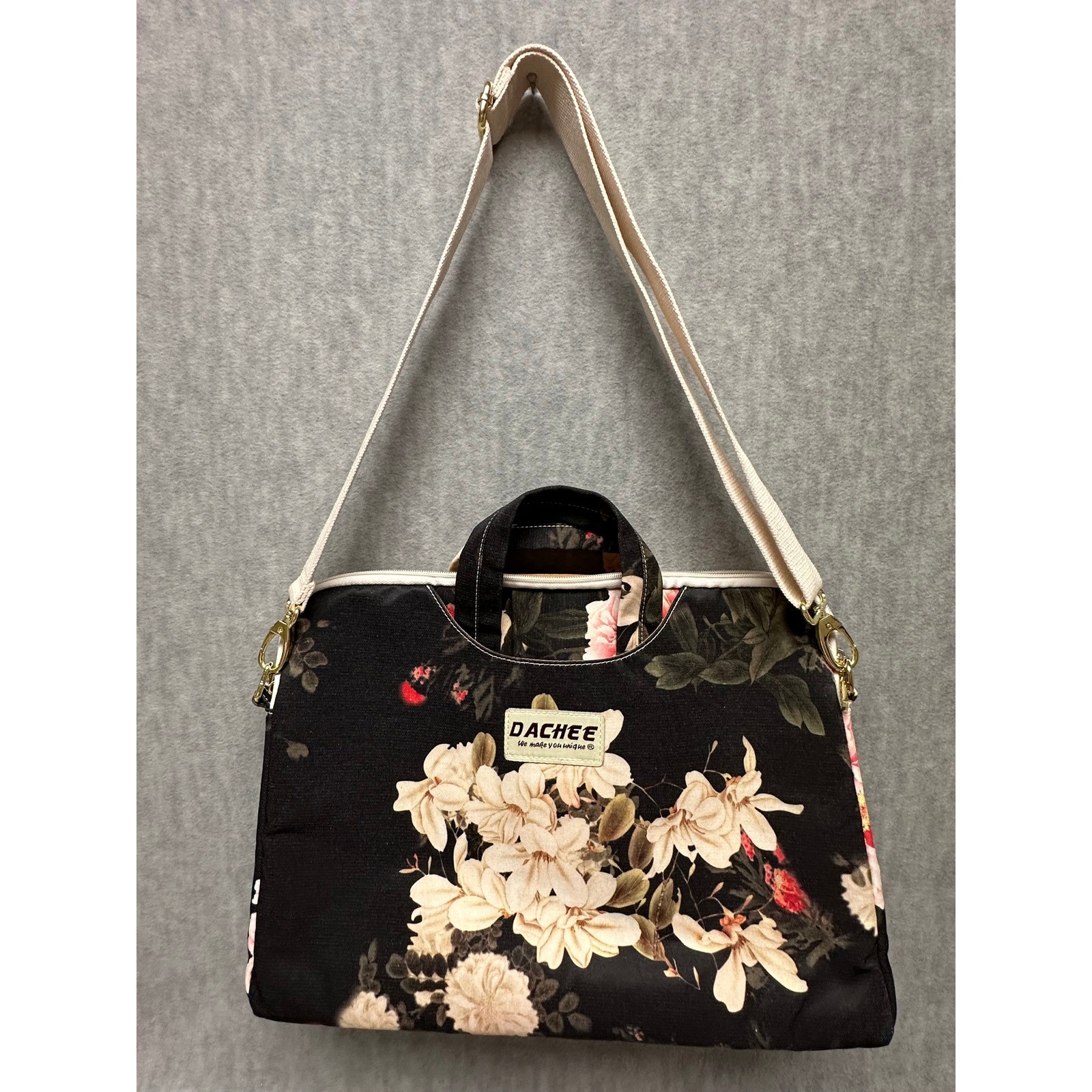 Dachee Laptop Messenger Bag Medium Black Peony Floral Padded