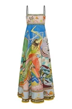 Alemais Blue Ocean Printed Linen Suspender Dress High Waist Holiday Dress Female