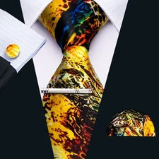 Desigenr Yellow Necktie Mens Tie & Hankie & Cufflinks & Tie Pin Set Gift Wedding
