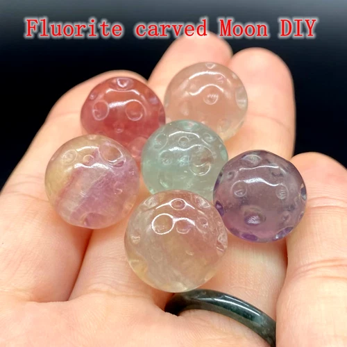 6 Natural Rainbow Fluorite Quartz Crystal Carved Moon Sphere DIY Beads 14.5-15mm