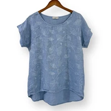 Terzo Millennio Top Shirt Womens S Blue 100% Linen Floral Embroidered Made Italy