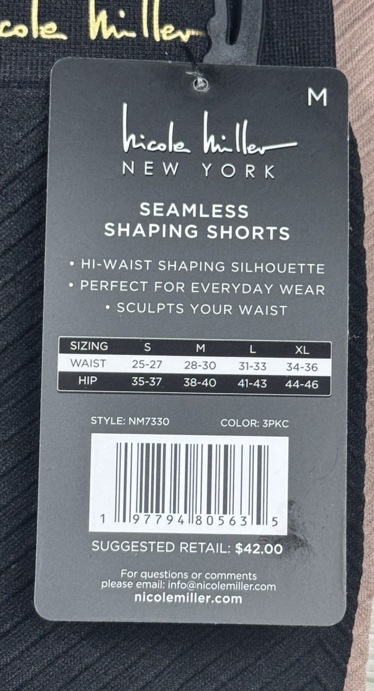 NICOLE MILLER Women’s Seamless Shaping Shorts Black Tan 3-Pack Hi-Waist Size M