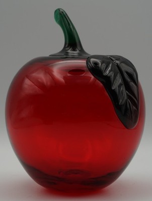 Vintage Red Apple Hand Blown Glass Fruit Decor Paperweight with Leaf & Stem