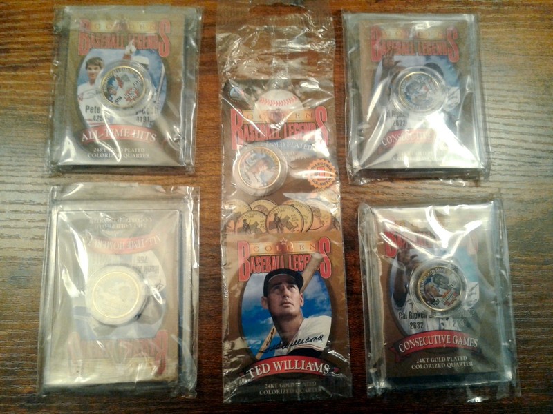 COLLECTION (5) GOLDEN BASEBALL LEGENDS 24kt Gold Plated Colorized Quarters w/COA