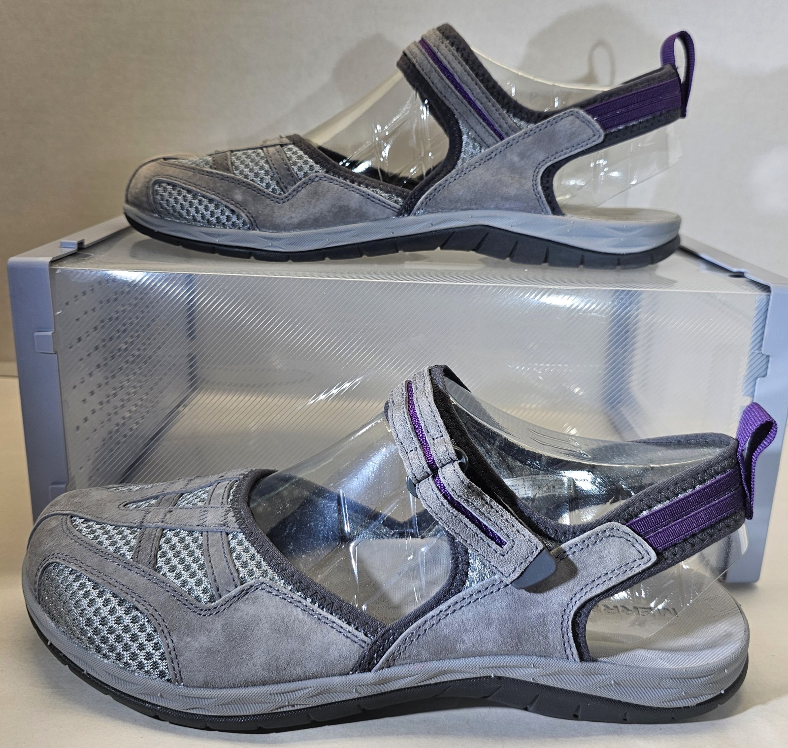 Merrell sandali donna grigio viola nero sirena 2 avvolgenti gancio e passante scamosciati taglia 11M