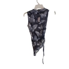 PrettyLittleThing Shape Black Mesh Butterfly Print High Neck Ruched Bodysuit