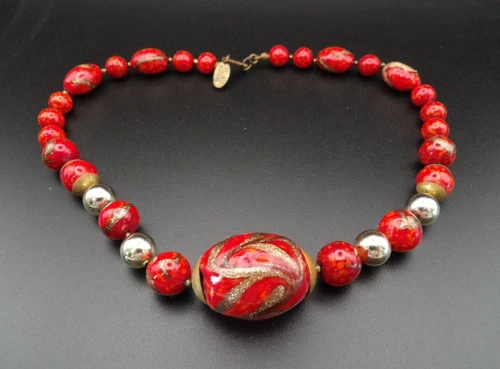 Vintage MIRIAM HASKELL Red Art Glass & Copper Foiled Necklace