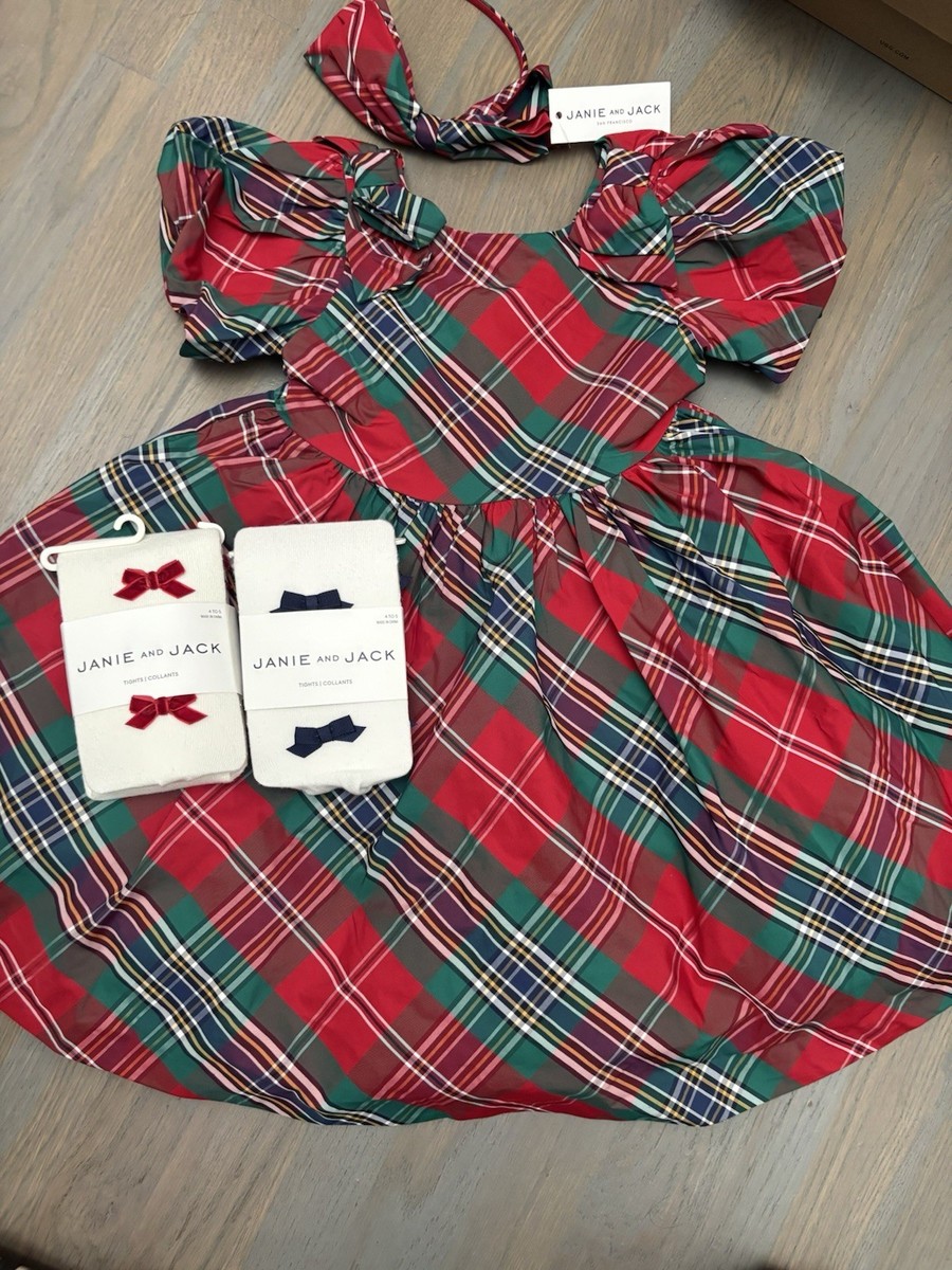 NWT Janie and Jack girl 3-piece HOLIDAY red green plaid taffeta