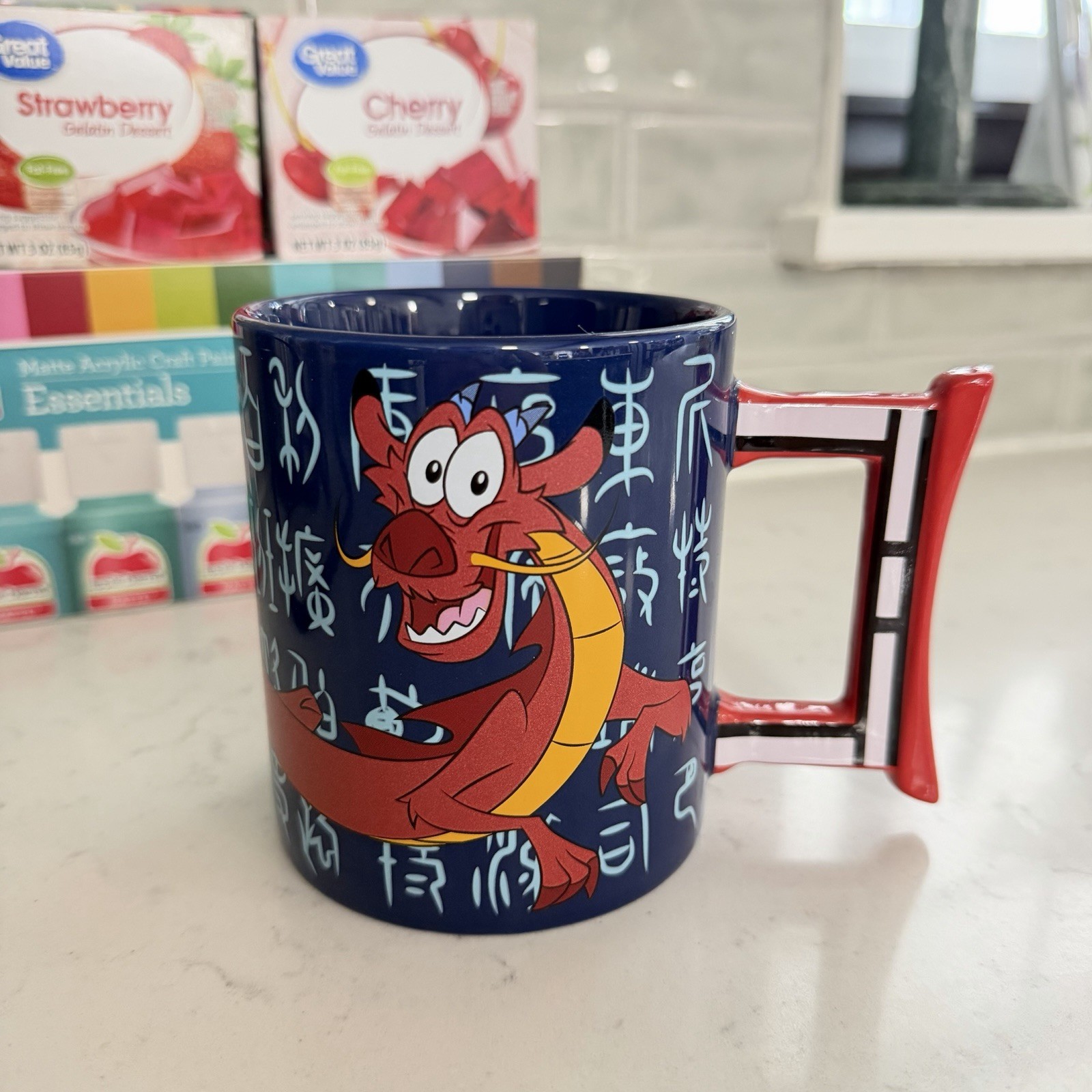 Disney Parks Mulan Mushu Dragon Chinese Writings Torii Gate Blue Red Ceramic Mug