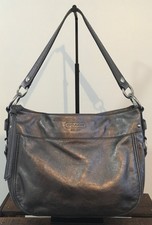 Authentic Coach Metallic Gray Leather Zoe Hobo Shoulder Bag Purse F14707