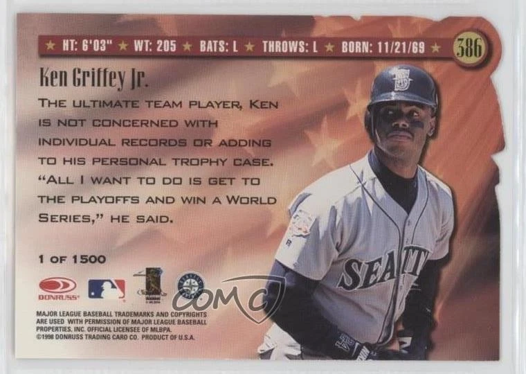 1998 Donruss Spirit of the Game Press Proof Silver /1500 Ken Griffey Jr #386 HOF - Image 2 of 2