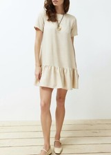 Nine West XL Beige Textured Shift Dress Short Sleeve Ruffle Hem Minimalist Boho