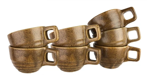 Set of 7 Vintage Monmouth Pottery Maple Leaf USA Mojave Brown Speckled Mugs Cups