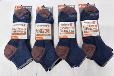 Avalanche Midweight Merino Wool Copper Men's QTR CREW Socks Size L 6-12 4 Pack