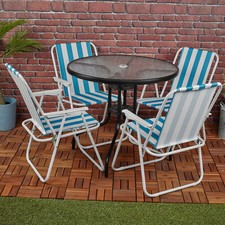 Outdoor Folding Chairs Round Metal & Glass Patio Table Set Parasol Hole Garden