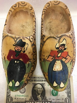 Pair Old Holland Wooden Shoes Wall Pockets Hand Carved Painted Bright Colors @@!