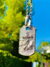 3 Ct Round Cut Real Moissanite Men's Dog Tag Cross Pendant 14K White Gold Plated