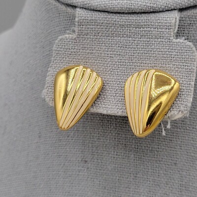 Jaclyn Smith Gold Tone Screw Back Earrings Cream Colored Enamel Stripes Signed
