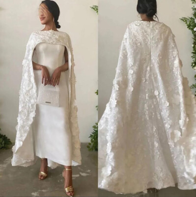 Elegant Wedding Dresses with Cape 3D Flowers Ankle Length Satin Bridal Gowns