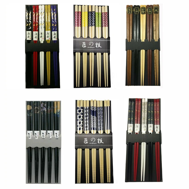 JAPANBARGAIN 5 Pair Chinese Japanese Sushi Reusable Wooden Chopsticks Multi Pattern