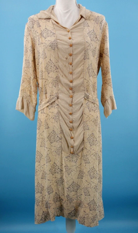 VTG Women's 20s Cream & Gray Printed Silk? Drop Waist Shift Dress Sz M/L 1920s - Image 2 of 4