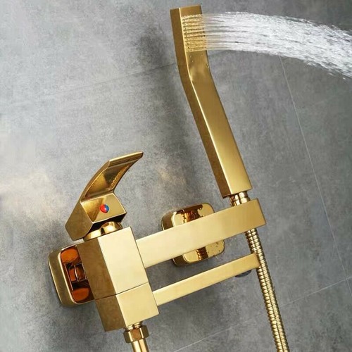 PVDTi Gold Wall Mount Bathtub Faucet W/Hand Shower Bath Tub Mixer Taps