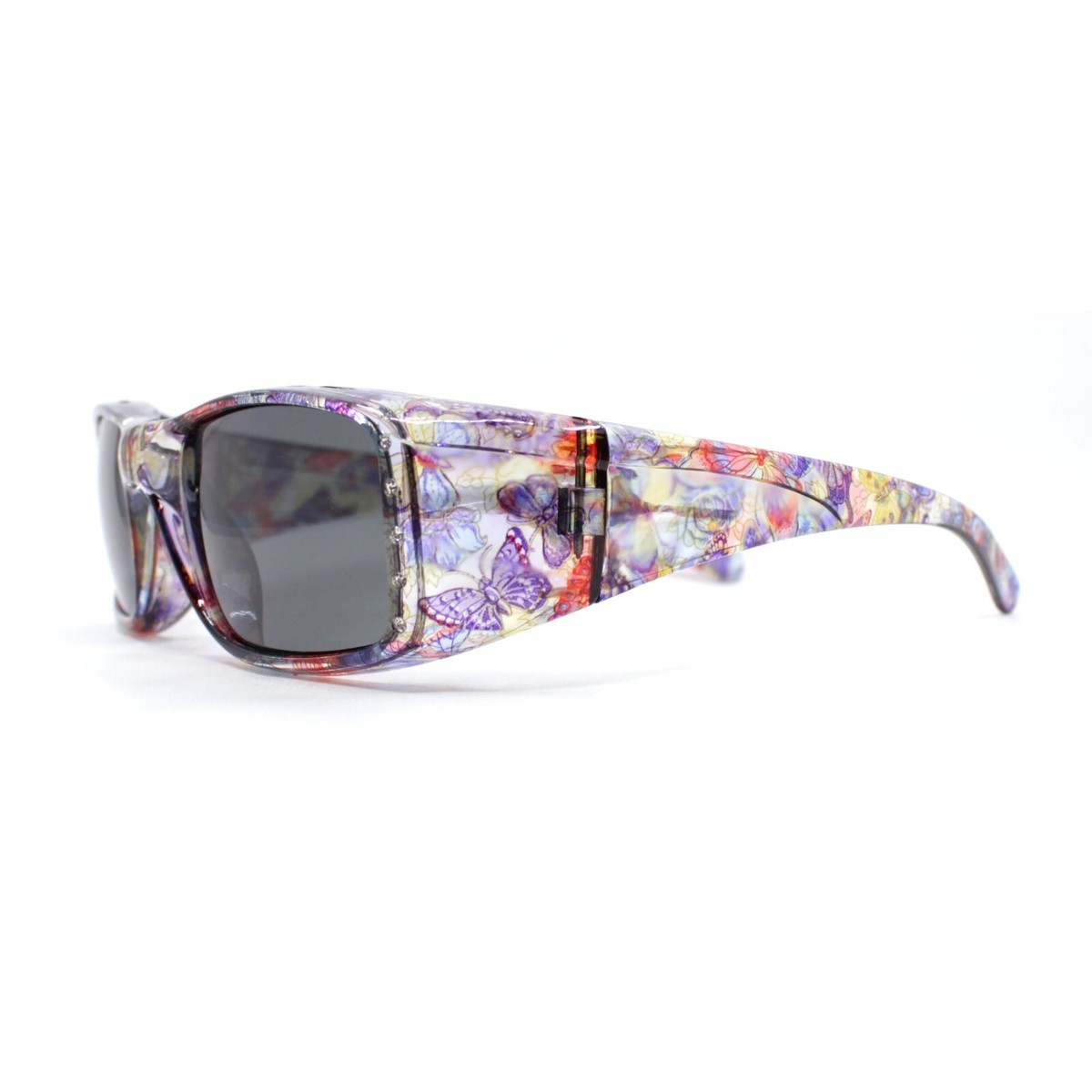 MyUV 2 Pair Womens Polarized Fit Over Glasses Sunglasses Rhinestone Rectangular Frame Temple Heart 60mm (Blue&Burgundy