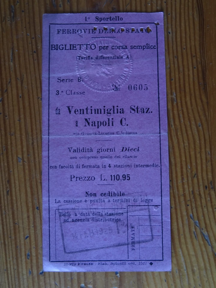 Ticket  train Vintimille Naples de 1925 - Ventimiglia Napoli biglietto ferrovie - Photo 1/1