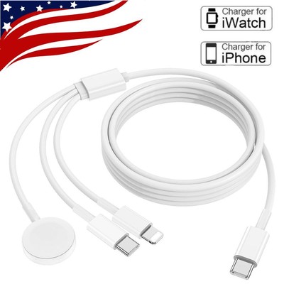3 in 1 Fast Charging Cable for Apple Watch Series 9/8/7/6/SE iPhone 5~16 Series