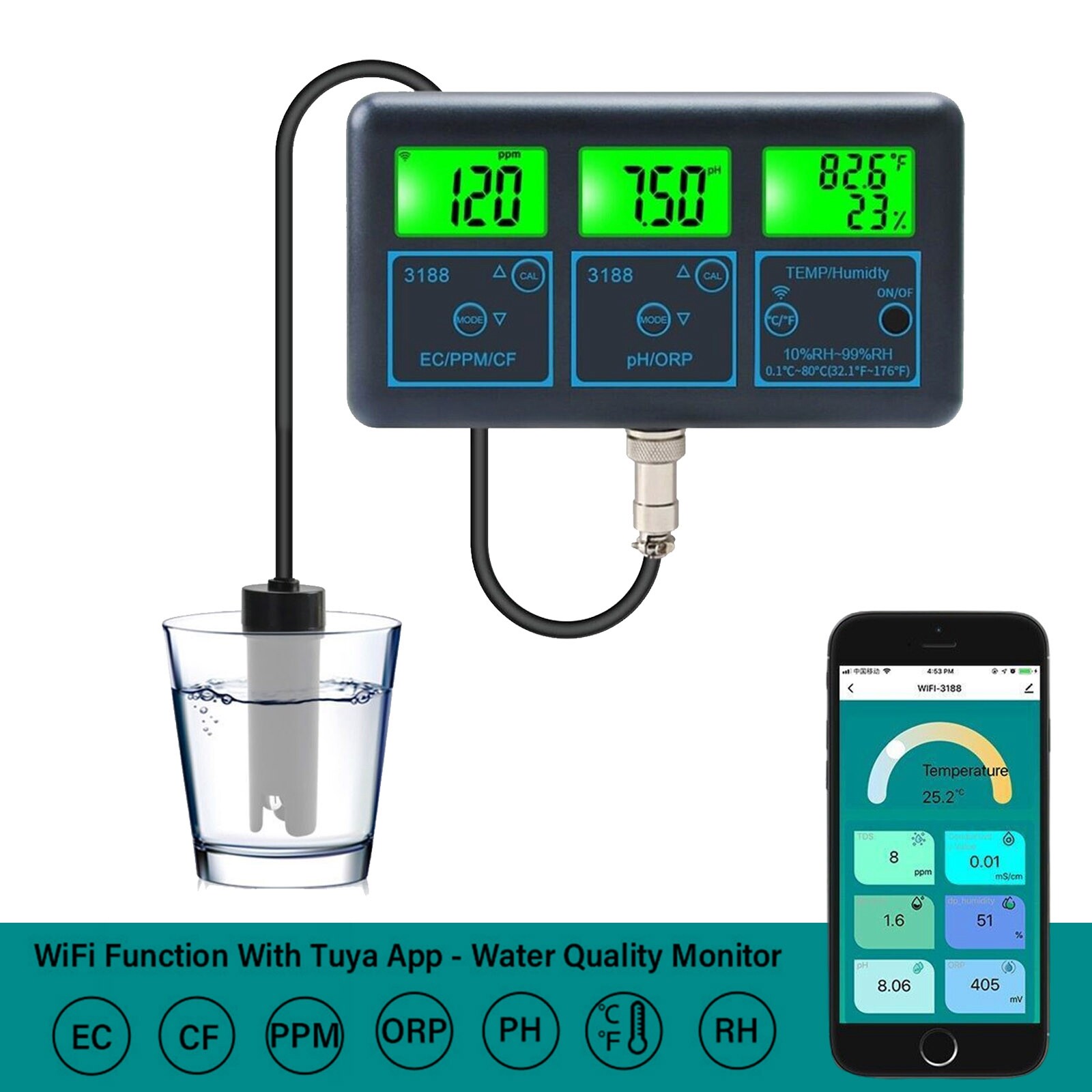 Smart Monitor Fish Tank WIFI SPA Pool Water Quality Meter PH ORP EC PPM Tester