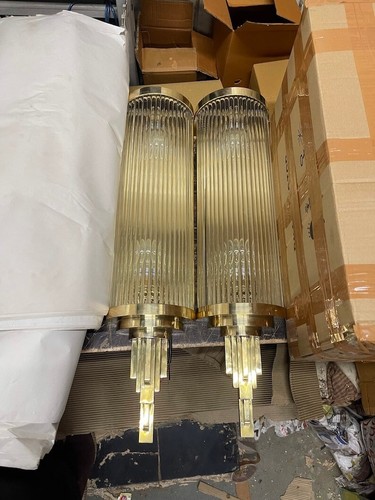 Large Mid Century 1920’s Art Deco Brass & Glass Rod Wall Light Fixture Lot of 2 - Picture 9 of 10
