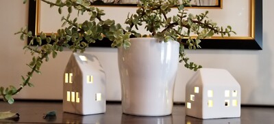 Scandinavian Design Ceramic Modern Home Decor White Mini Houses Pre-lit Set of 2