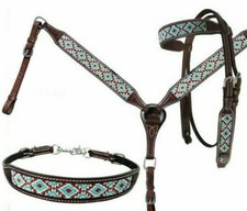 Western Horse Turquoise Beaded Dark Leather 3pc. Tack Set Bridle  Breast Collar