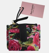 New JUICY COUTURE Black/Multi ROSE MINI WALLET Card/Coin Wallet Holder