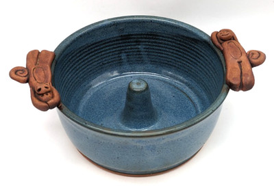 Potternot Pottery Monkey Bread Baker Baking Dish Monkey Shape Handles Blue Brown