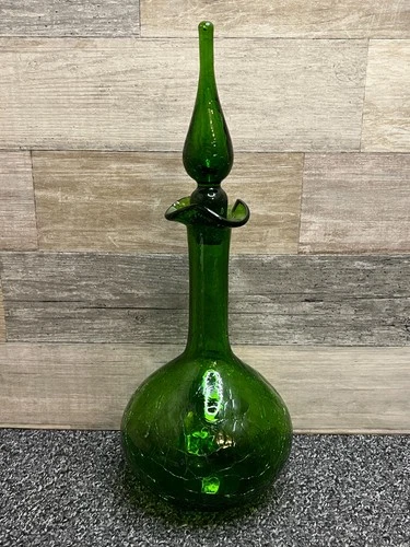BLENKO Art Glass Wayne Husted #37 Crackle Green Decanter 13.5” 1962 MCM