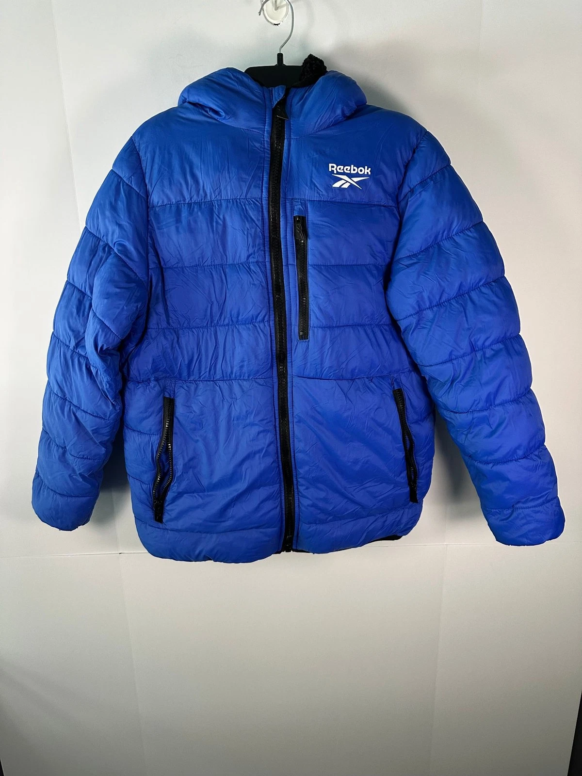 Reebok Jacket Boys XL 18/20 Blue Puffer Hooded Sherpa Lined Zipper Chest Logo