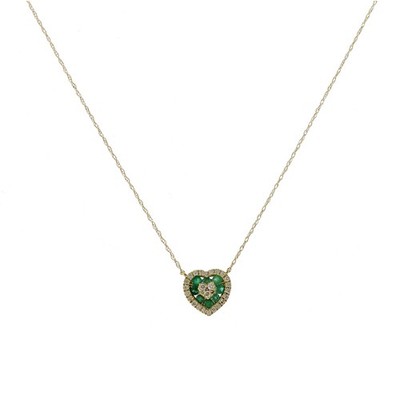 0.30 CT Emerald 0.25 CT Diamond 14K Yellow Gold Heart Pendant Necklace 18''