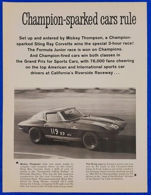 1963 Champion Spark Plug Corvette Print Ad Mickey Thompson Chevy Racing History
